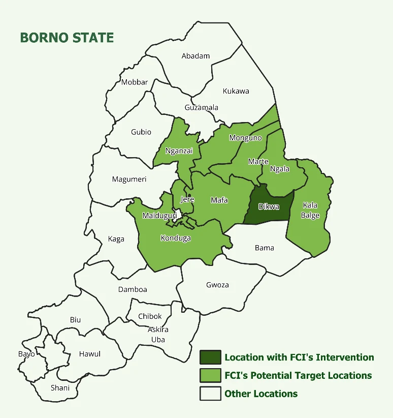 Map showing FCI intervention location in Dikwa and potential target LGAs across Borno State