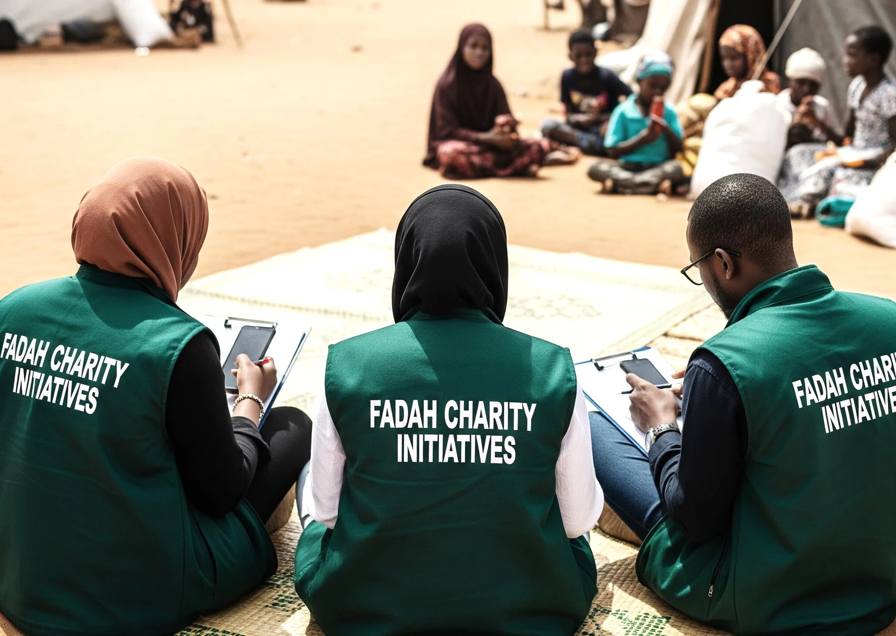 Fadah Charity Initiatives staff seated with displaced community members during field engagement